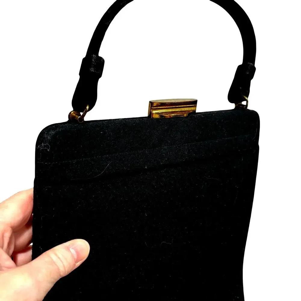Vintage black felted wool pocketbook by Lewis a top handle purse 1950’s handbag